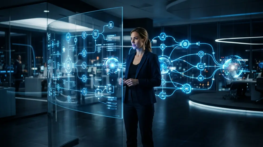 Agentic AI Workflow-Dashboard in einem modernen Unternehmensbüro