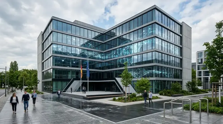 AI Act, Hochrisiko-KI Compliance – Bundesnetzagentur als AI Act Regulierungsbehörde – Gebäude mit KI-Netzwerk-Visualisierung