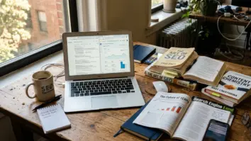 AI Content Ranking Studie - Redaktioneller Workspace mit Laptop und SEO-Publikationen