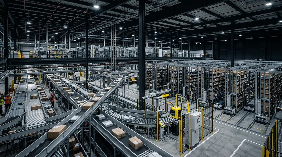 Modernes Amazon FBA Fulfillment-Center mit automatisierten Förderbändern und Regalrobotern