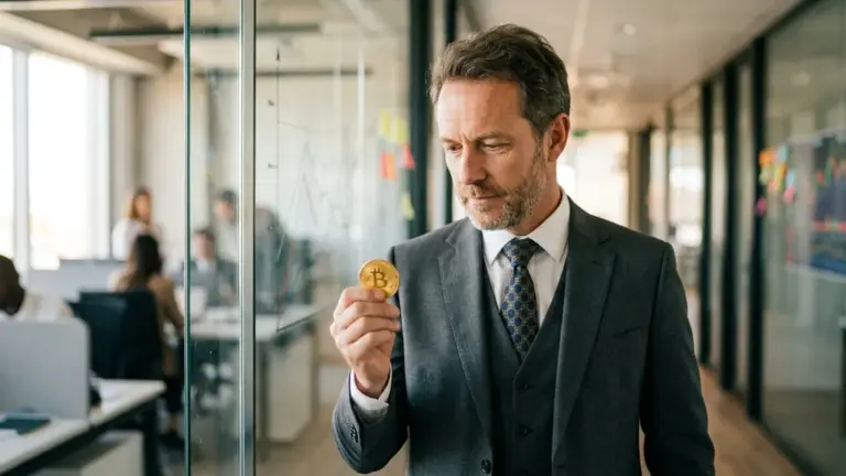 Geschäftsmann hält Bitcoin-Münze – Unternehmensinvestitionen in Bitcoin wachsen