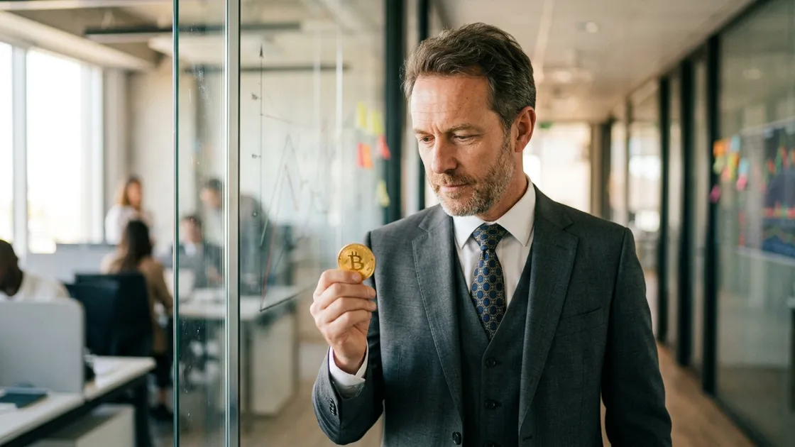 Geschäftsmann hält Bitcoin-Münze – Unternehmensinvestitionen in Bitcoin wachsen