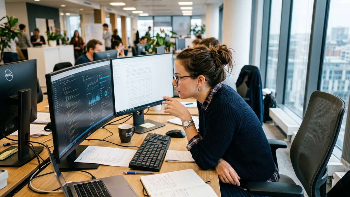 Entwickler analysiert Cursor Composer Benchmark-Ergebnisse auf zwei Bildschirmen