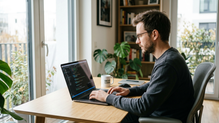 Entwickler am Laptop nutzt Cursor Composer für Coding