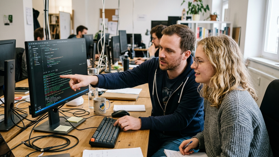 Zwei Entwickler besprechen gemeinsam Cursor Composer Terminal-Output