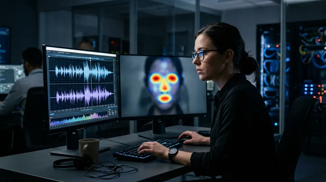 Cybersecurity KI-Analyst analysiert Audio-Forensik und Gesichtserkennung zur Deepfake-Erkennung