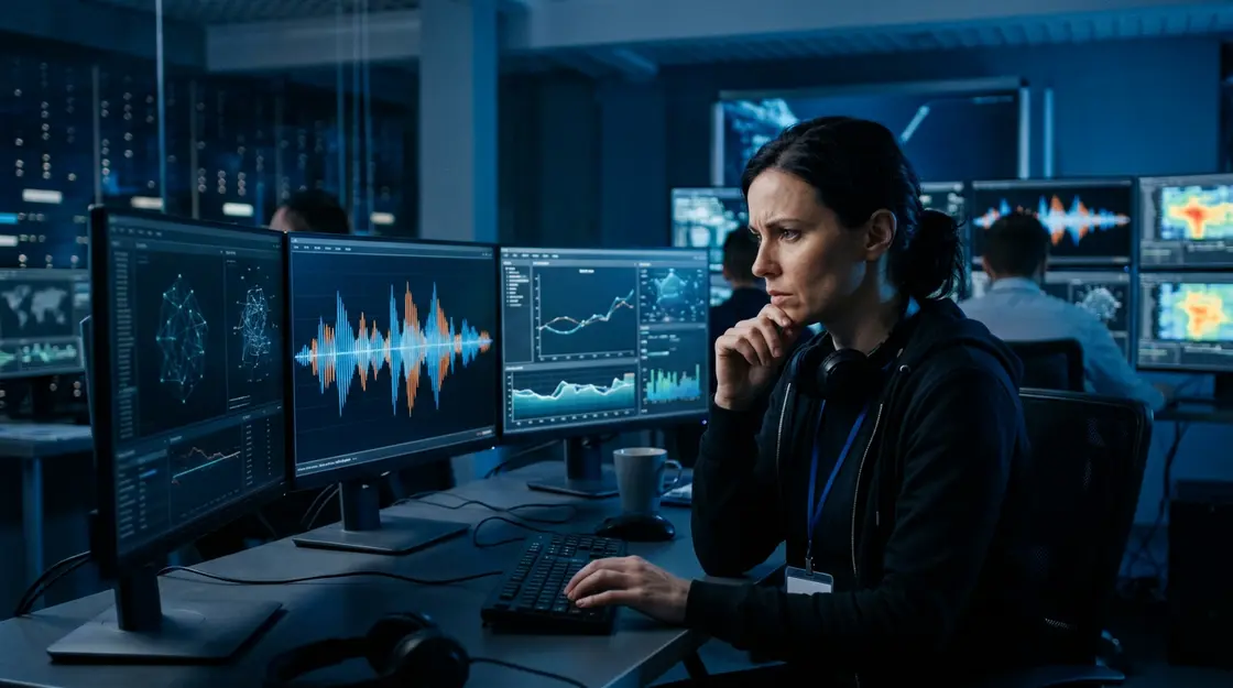 Cybersecurity KI Analyst überwacht Deepfake-Erkennungssystem im Security Operations Center