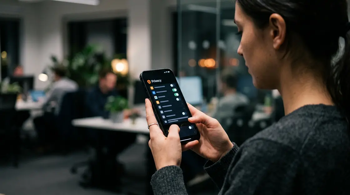 Person prüft Datenschutz-Einstellungen in einer Messenger-App auf dem Smartphone