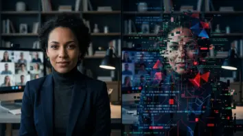 Deepfake Angriff Illustration – KI-generiertes Gesicht in Videokonferenz zerfällt in digitale Artefakte