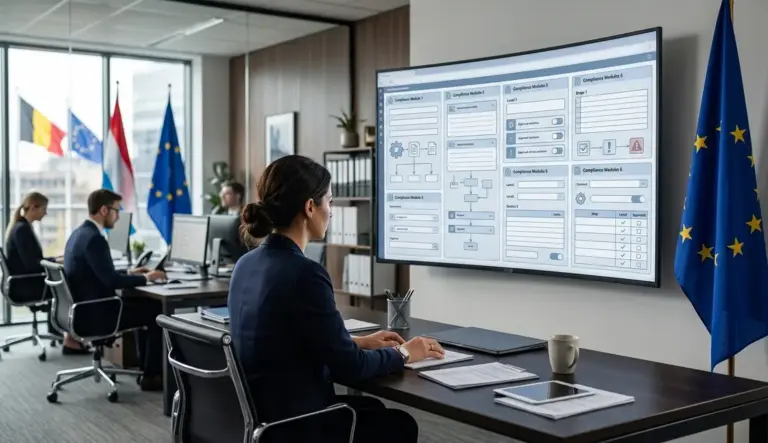 DPIA-Vorlage, Datenschutz-Folgenabschätzung – EDPB DPIA-Vorlage auf Bildschirm in Compliance-Büro mit EU-Flagge