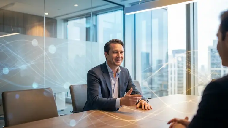 Geschäftsmann vor dezentem KI-Netzwerk - EU AI Act