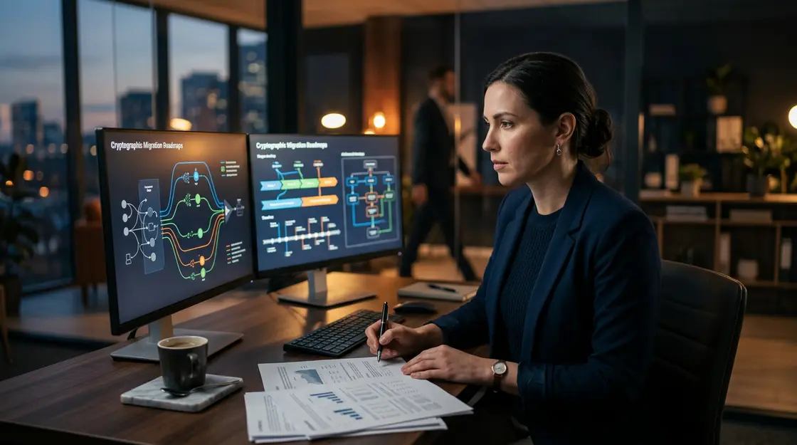 FinTech-Compliance-Analyst erstellt PQC-Migrationsroadmap auf zwei Bildschirmen