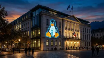 Frankreich ersetzt Windows durch Linux – Behördengebäude mit Linux-Symbol als Zeichen digitaler Souveränität