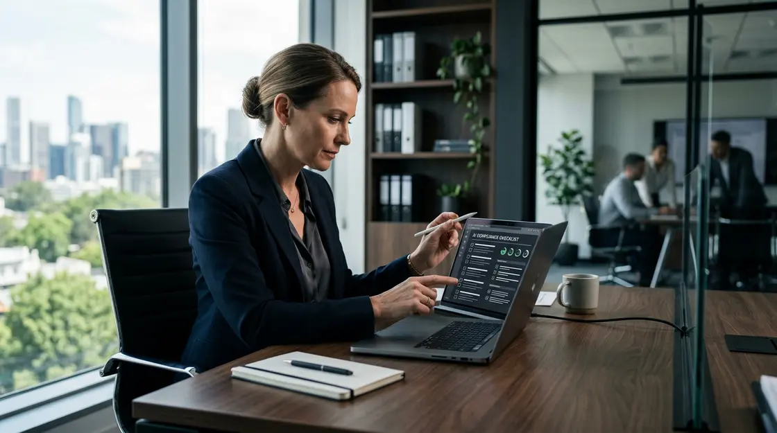 Compliance-Verantwortlicher prüft Hochrisiko-KI Compliance Checkliste am Laptop