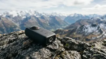 Insta360 X4 Air auf einem Felsen in alpiner Landschaft