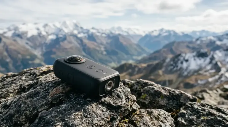 Insta360 X4 Air auf einem Felsen in alpiner Landschaft