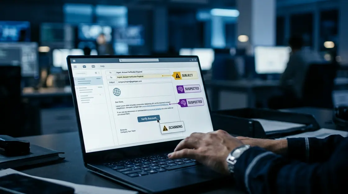 KI-generierte Phishing-Mail auf Laptop-Bildschirm – Simulation eines KI-Angriffs