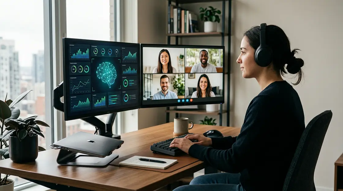 KI Arbeitsplatz mit Remote Work KI-Dashboard und verteiltem Team auf Bildschirmen