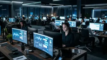 KI Kundensupport im E-Commerce: Chatbot-Interface auf großem Monitor mit menschlichem Agenten im Hintergrund