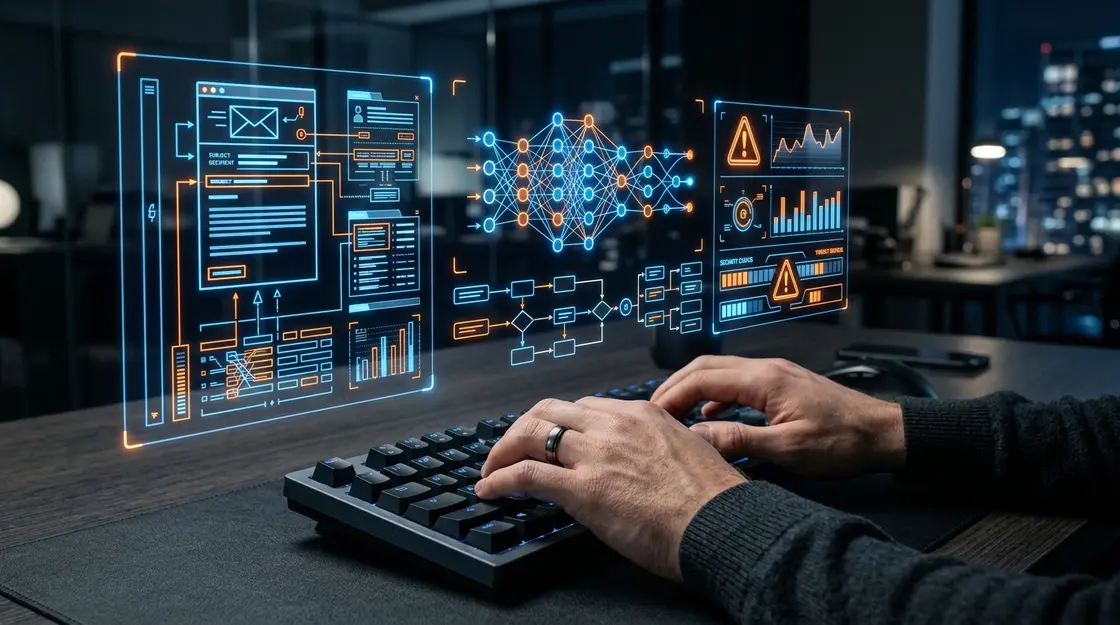 KI-gestützte Analyse eines Phishing-Angriffs mit neuronalen Netzwerkmustern auf einem holografischen Display