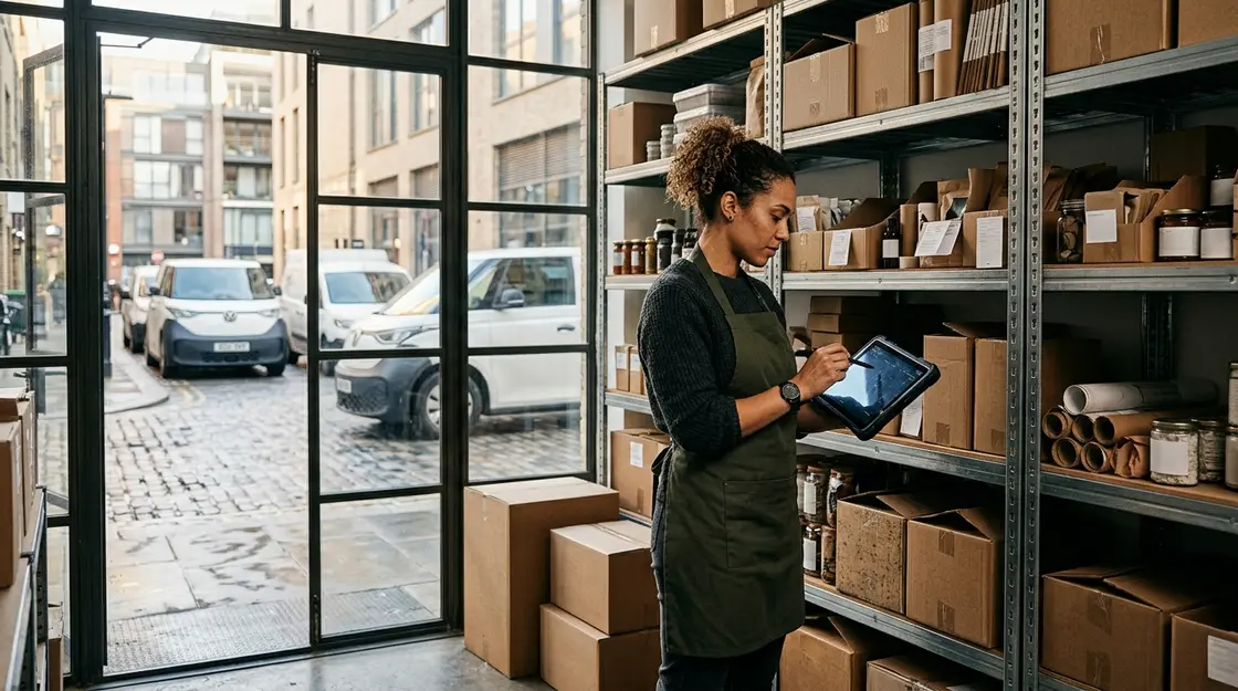 Haendler prueft Echtzeit-Inventar fuer hyperlokale Lieferung per Tablet