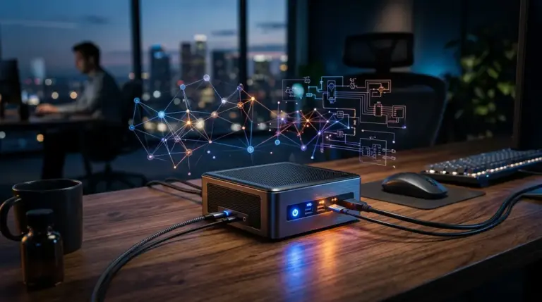 lokale KI, Mini-PC – Mini-PC mit lokaler KI und NPU-Visualisierung auf dem Schreibtisch