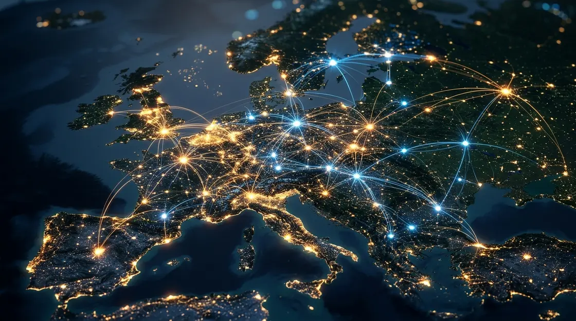 Neuronales Netz über Europa-Karte als Symbol für EU-KI und Datensouveränität