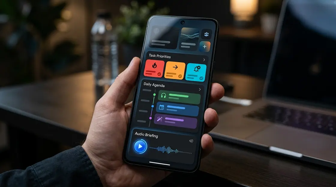 Smartphone-Display zeigt KI-App Dashboard für Mobile Produktivität mit Aufgabenliste und Audio-Briefing