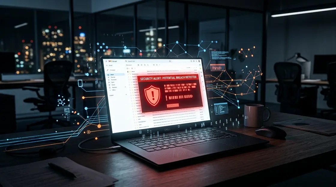 Phishing, E-Mail-Sicherheit – Phishing-Warnung im E-Mail-Postfach auf einem Laptop-Bildschirm mit Sicherheitshinweisen