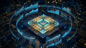Quantencomputer FinTech, algorithmisches Trading – Quantencomputer FinTech – Quantenprozessor mit Finanzdaten und algorithmischem Trading