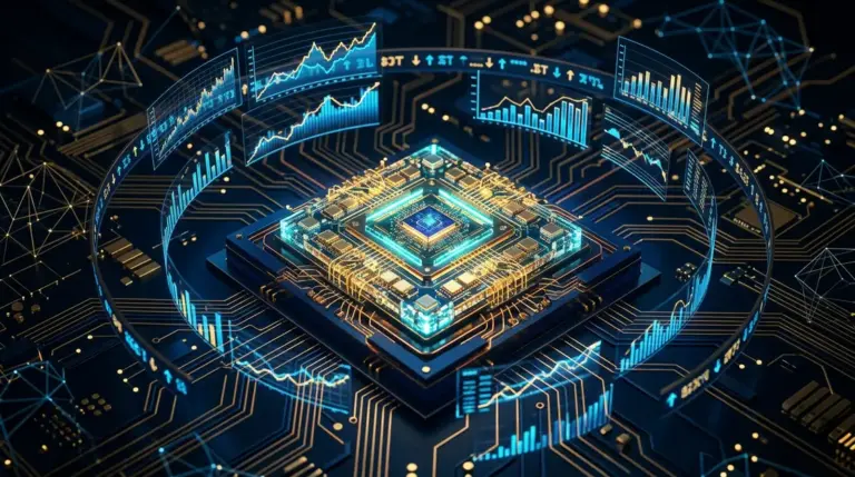 Quantencomputer FinTech, algorithmisches Trading – Quantencomputer FinTech – Quantenprozessor mit Finanzdaten und algorithmischem Trading