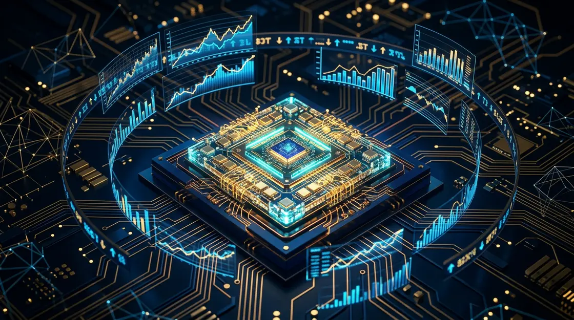 Quantencomputer FinTech, algorithmisches Trading – Quantencomputer FinTech – Quantenprozessor mit Finanzdaten und algorithmischem Trading