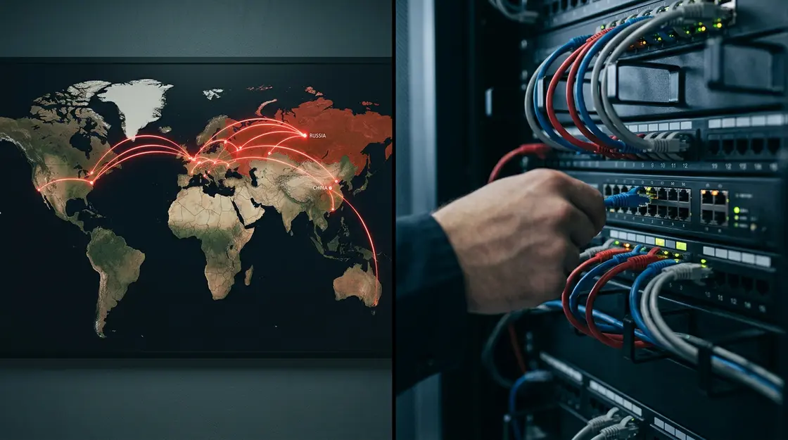 Weltkarte mit APT-Angriffsvektoren auf kritische Infrastruktur und Netzwerk-Patch-Panel