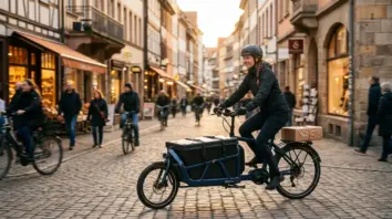 Kurier auf E-Lastenrad liefert Paket für lokalen Handel per Same-Day-Delivery