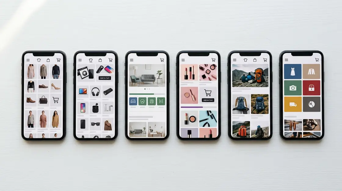 Mehrere Smartphones mit verschiedenen Shopping-Apps im Vergleich nebeneinander