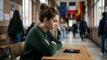 Social-Media-Verbot für Minderjährige: Smartphone mit Schloss-Symbol auf Schulpult