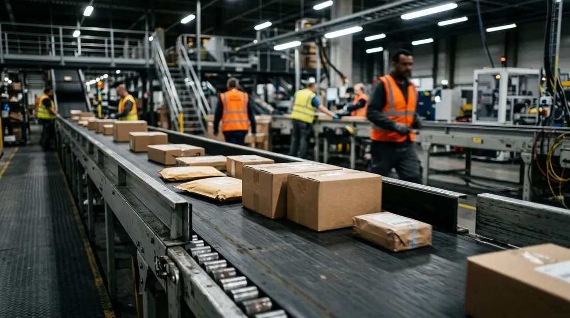 Pakete auf Sortierband – E-Commerce Lieferkette Vergleich Temu Amazon eBay