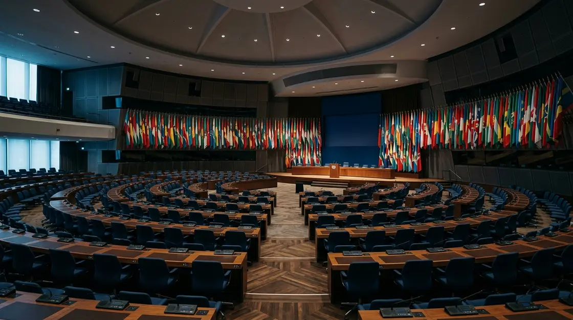 Leerer UN-Konferenzraum symbolisiert stockende Regulierungsdebatte zu autonomen Waffen