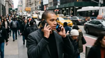 Person telefoniert mit WhatsApp Noise Canceling auf belebter Stadtstraße
