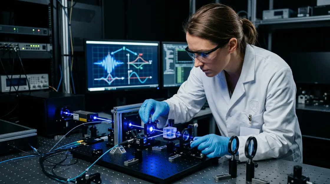 Wissenschaftler prüft QKD-Gerät für quantensichere Verschlüsselung im Labor