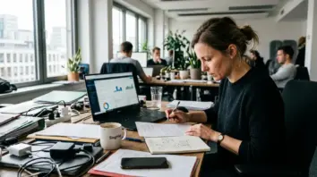 Agentforce, KI Automatisierung – Vertriebsmitarbeiter am Schreibtisch mit CRM-Dashboard – Agentforce KI Automatisierung im Einsatz