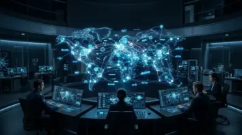 Agentic AI, Enterprise Automation – Agentic AI Enterprise Automation Kontrollraum mit autonomen KI-Agenten-Netzwerken