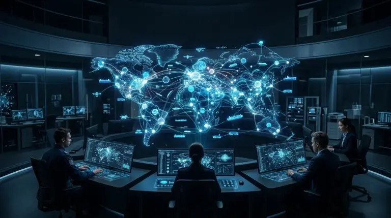 Agentic AI, Enterprise Automation – Agentic AI Enterprise Automation Kontrollraum mit autonomen KI-Agenten-Netzwerken