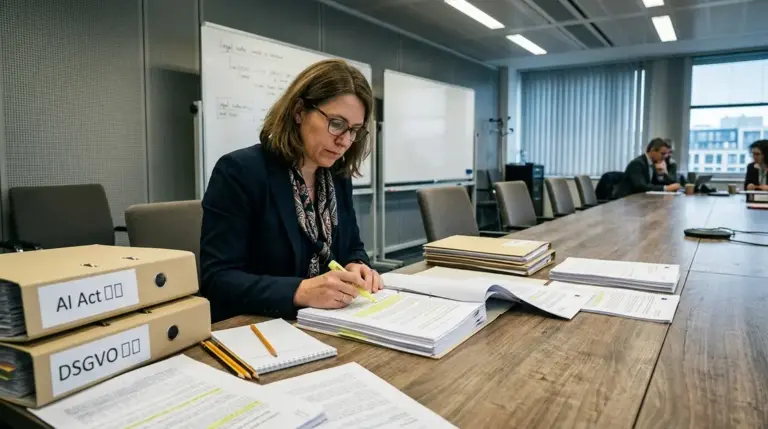 AI Act, Datenschutz – Compliance-Beauftragte prüft AI Act Governance-Dokumente in einem Behördenkonferenzraum