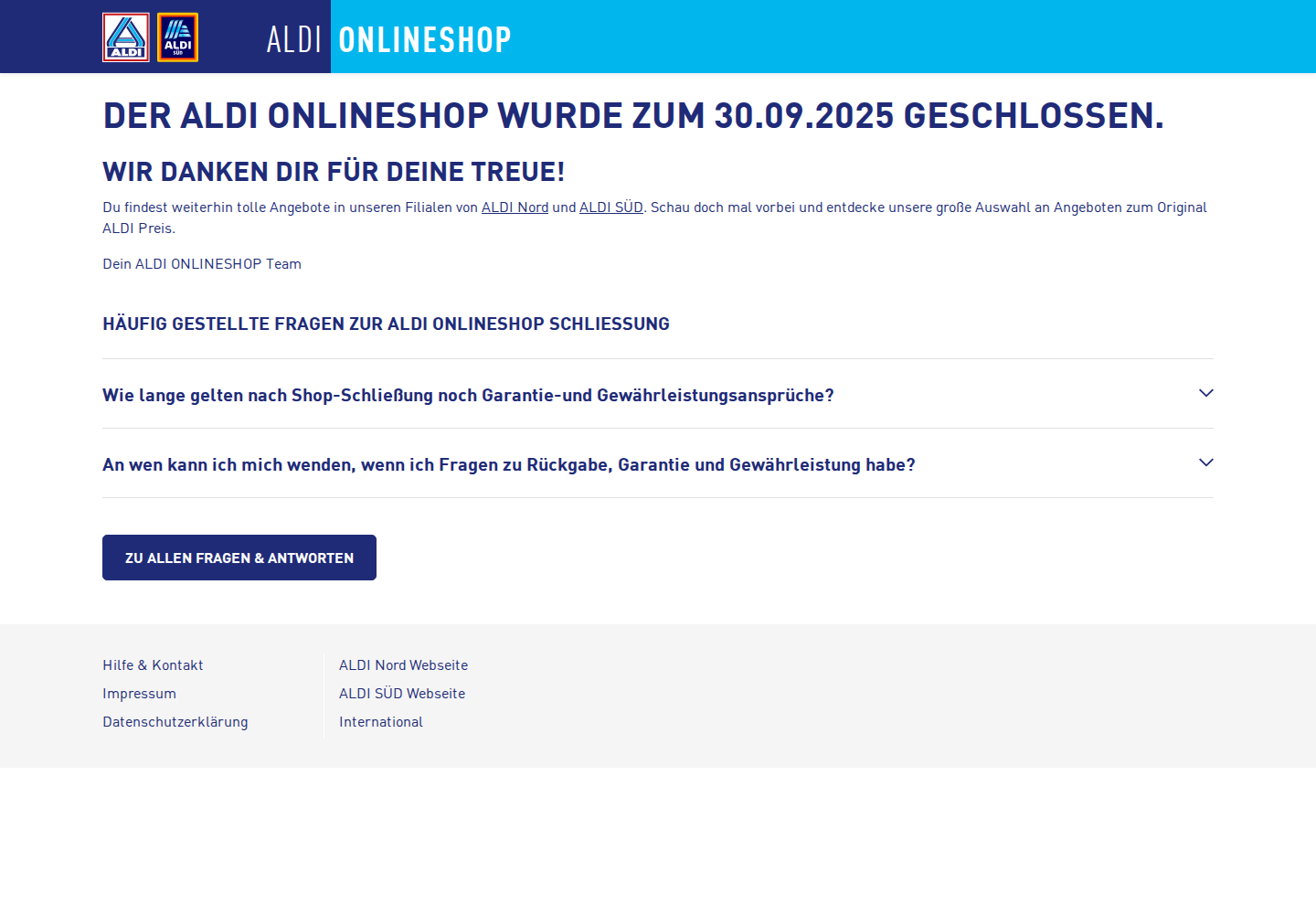 Aldi Onlineshop Screenshot der Schließungsseite
