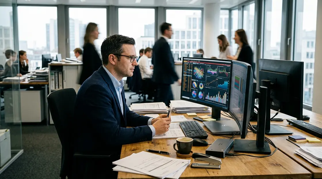 Bankmitarbeiter analysiert Trading-Daten – Quantencomputer FinTech Einsatzszenarien