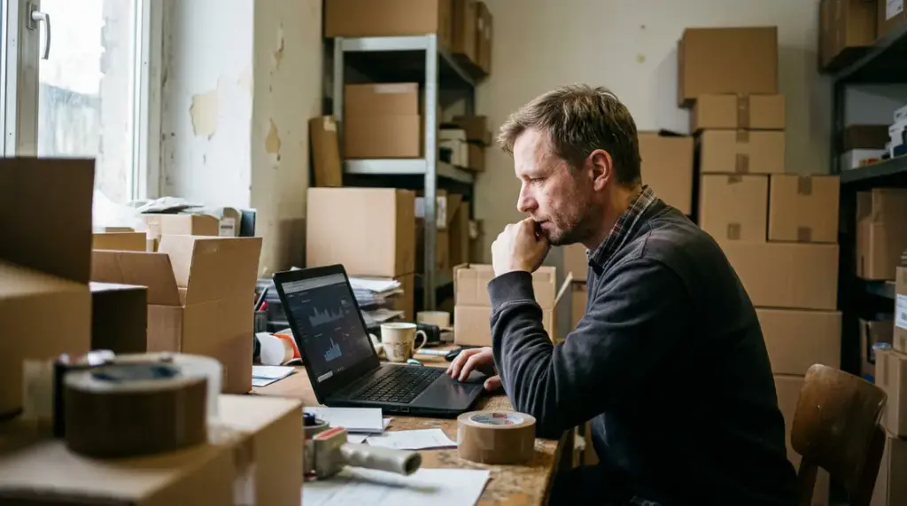 Amazon D2C, Direct-to-Consumer Marktplatz – KMU-Inhaber prüft Amazon D2C Bestellungen am Laptop im Lager