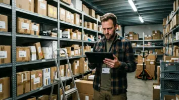 KI-Ranking, Seller-Sichtbarkeit – Seller im Lager prüft Amazon KI-Ranking auf Tablet