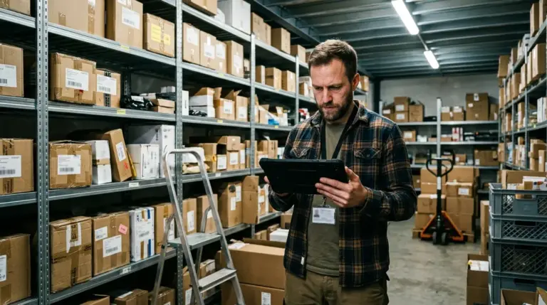 KI-Ranking, Seller-Sichtbarkeit – Seller im Lager prüft Amazon KI-Ranking auf Tablet