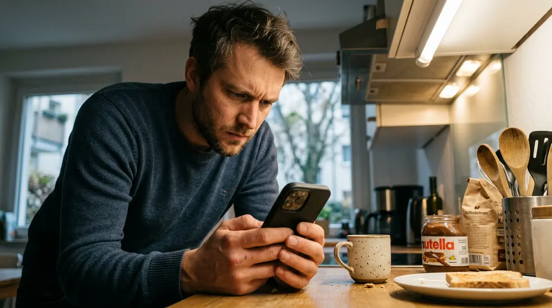 Mann überprüft App-Berechtigungen auf Android-Smartphone in der Küche
